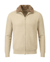 Beige zip-up sweater with brown collar on a black background
