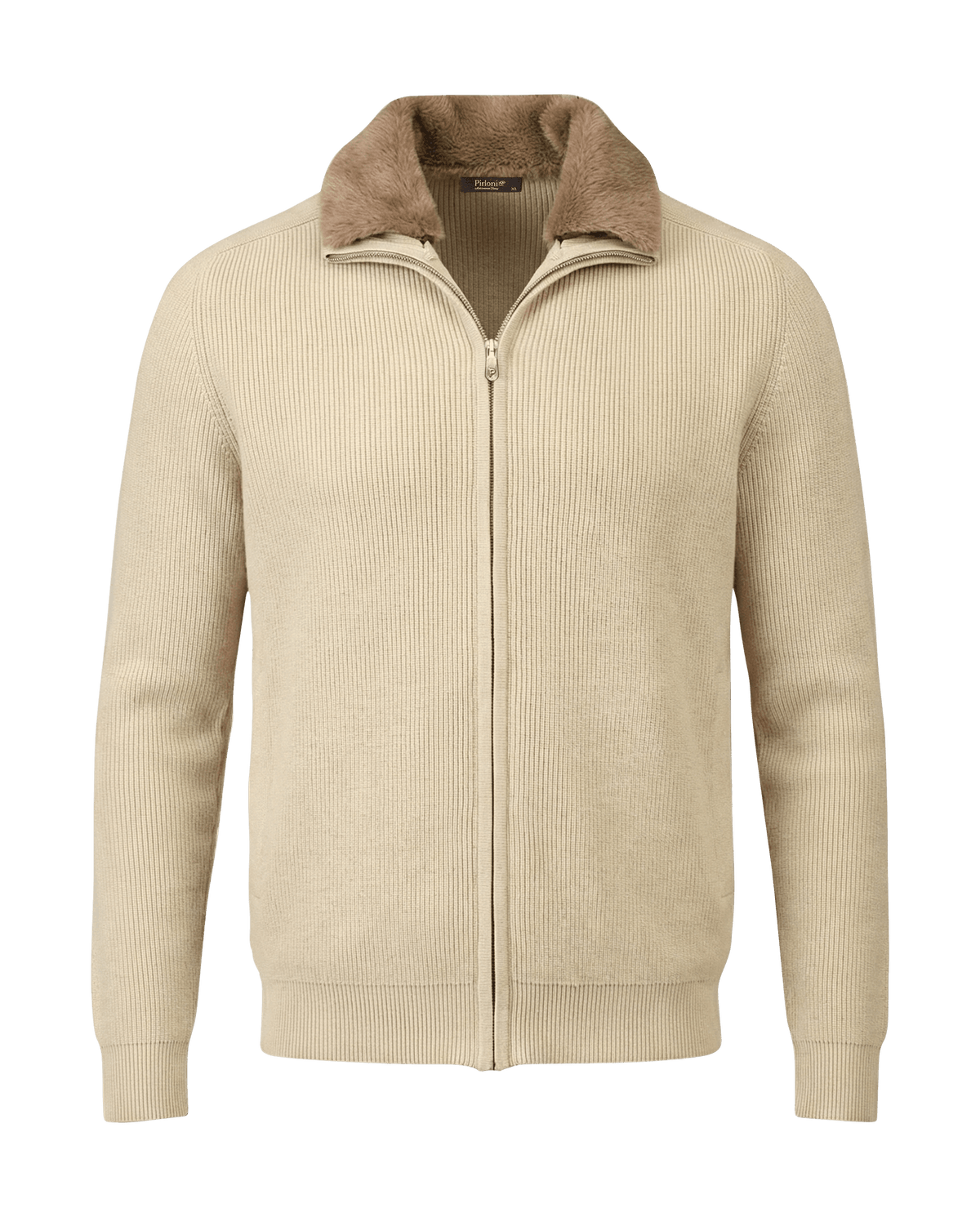 Beige zip-up sweater with brown collar on a black background