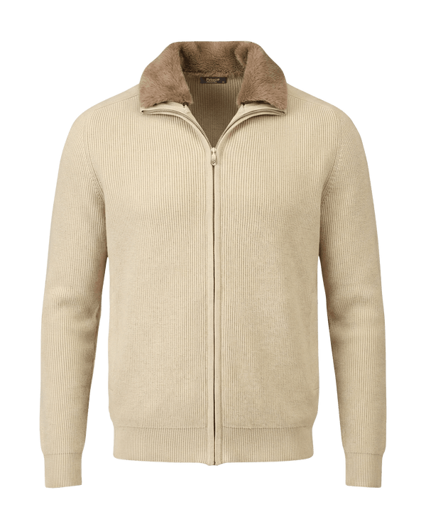 Beige zip-up sweater with brown collar on a black background