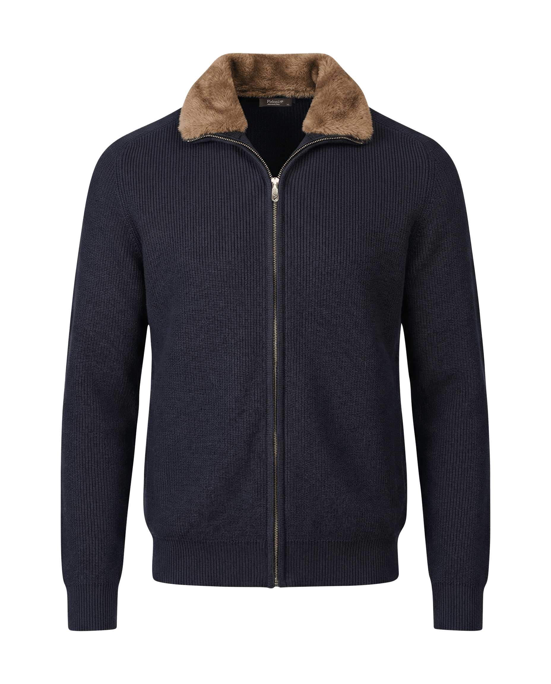 Navy blue zip-up sweater with brown fur collar on a black background