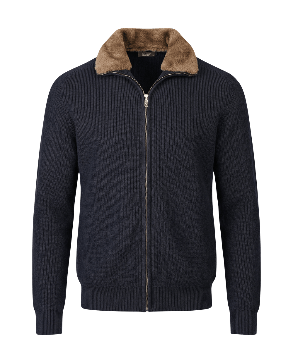 Navy blue zip-up sweater with brown fur collar on a black background