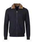 Navy blue zip-up sweater with brown fur collar on a black background