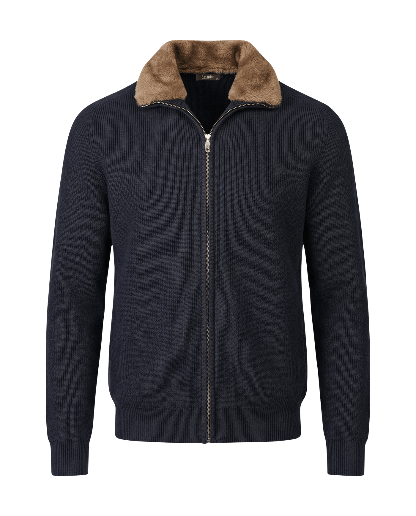 Navy blue zip-up sweater with brown fur collar on a black background