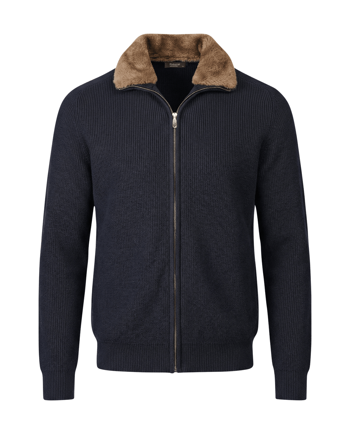Navy blue zip-up sweater with brown fur collar on a black background