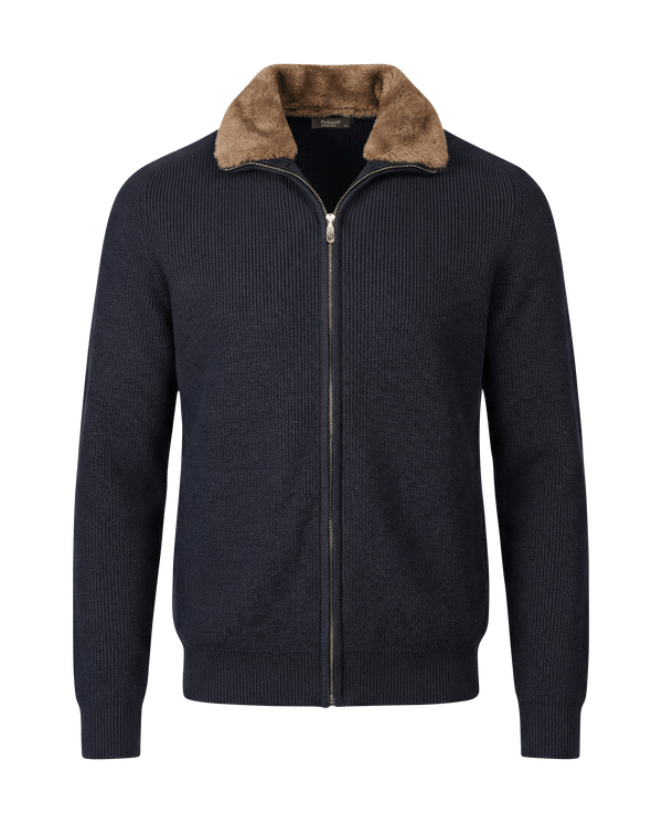 Navy blue zip-up sweater with brown fur collar on a black background