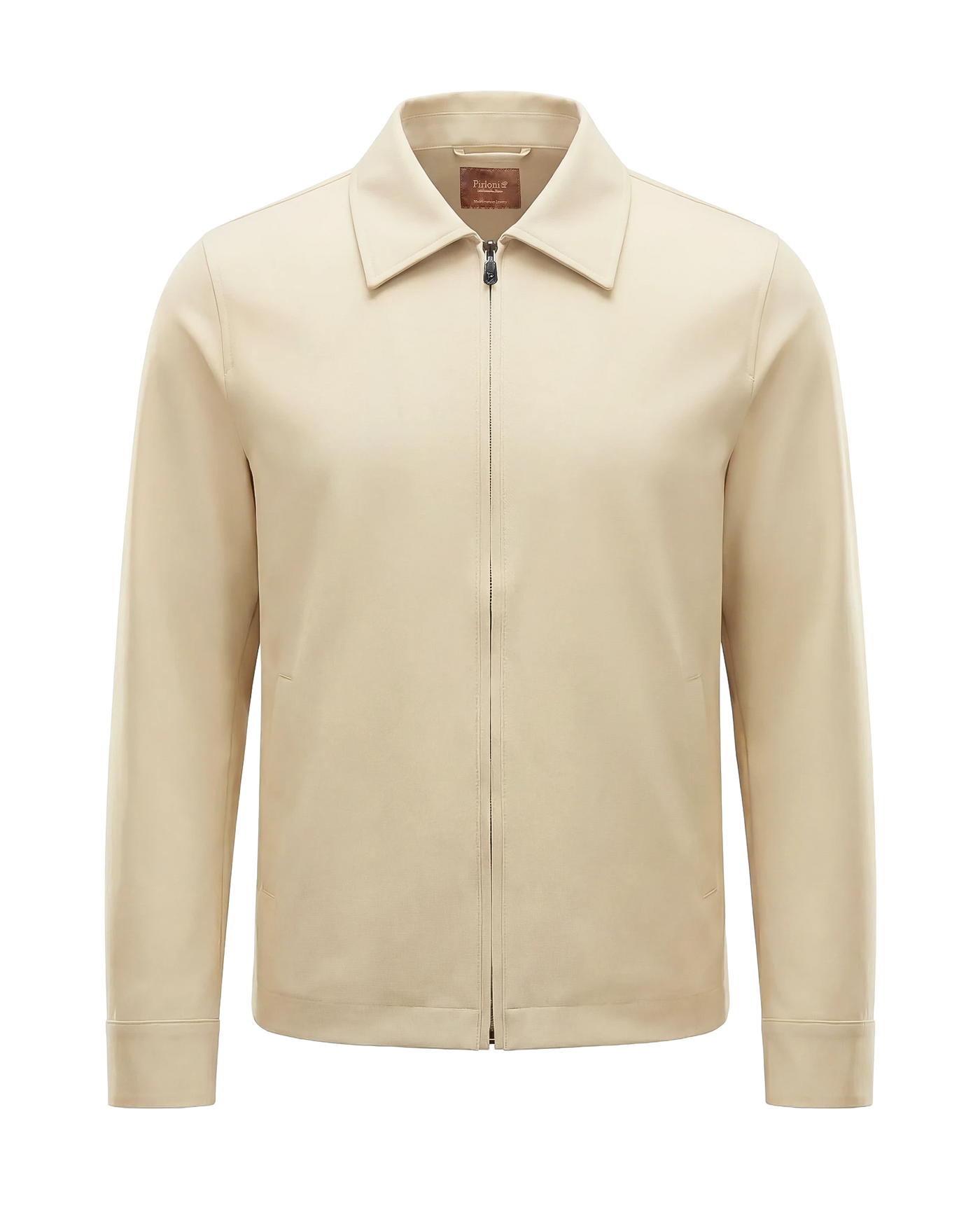 Beige tech jacket with modern techwear design, front view showing overall fit and style.
