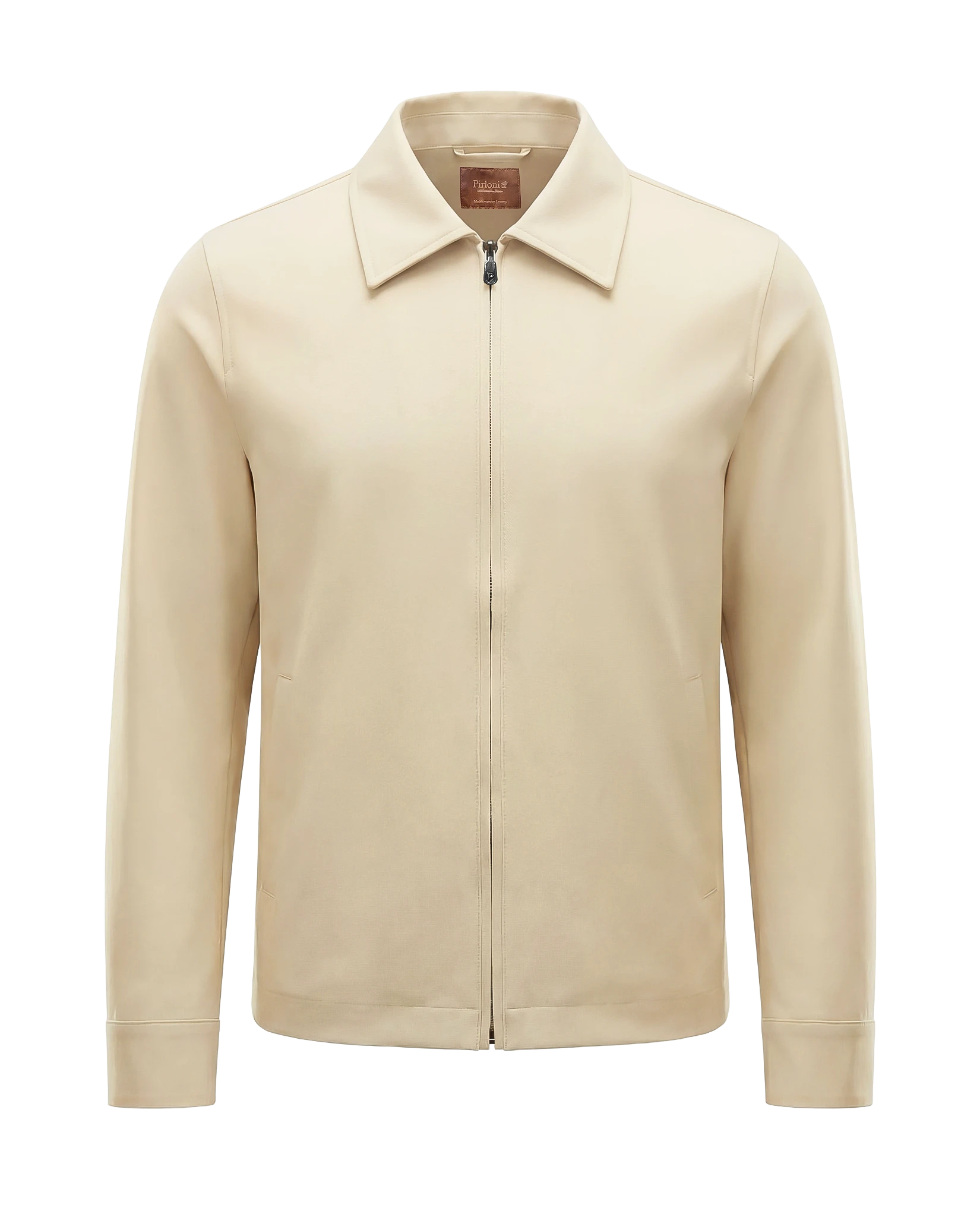 Beige tech jacket with modern techwear design, front view showing overall fit and style.
