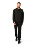 Black tech jacket with modern design and front zipper, detailed product view