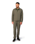 Green tech jacket with modern design and front zipper, detailed product view.