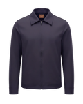 Navy tech jacket with modern techwear design, front view showing overall fit and style.
