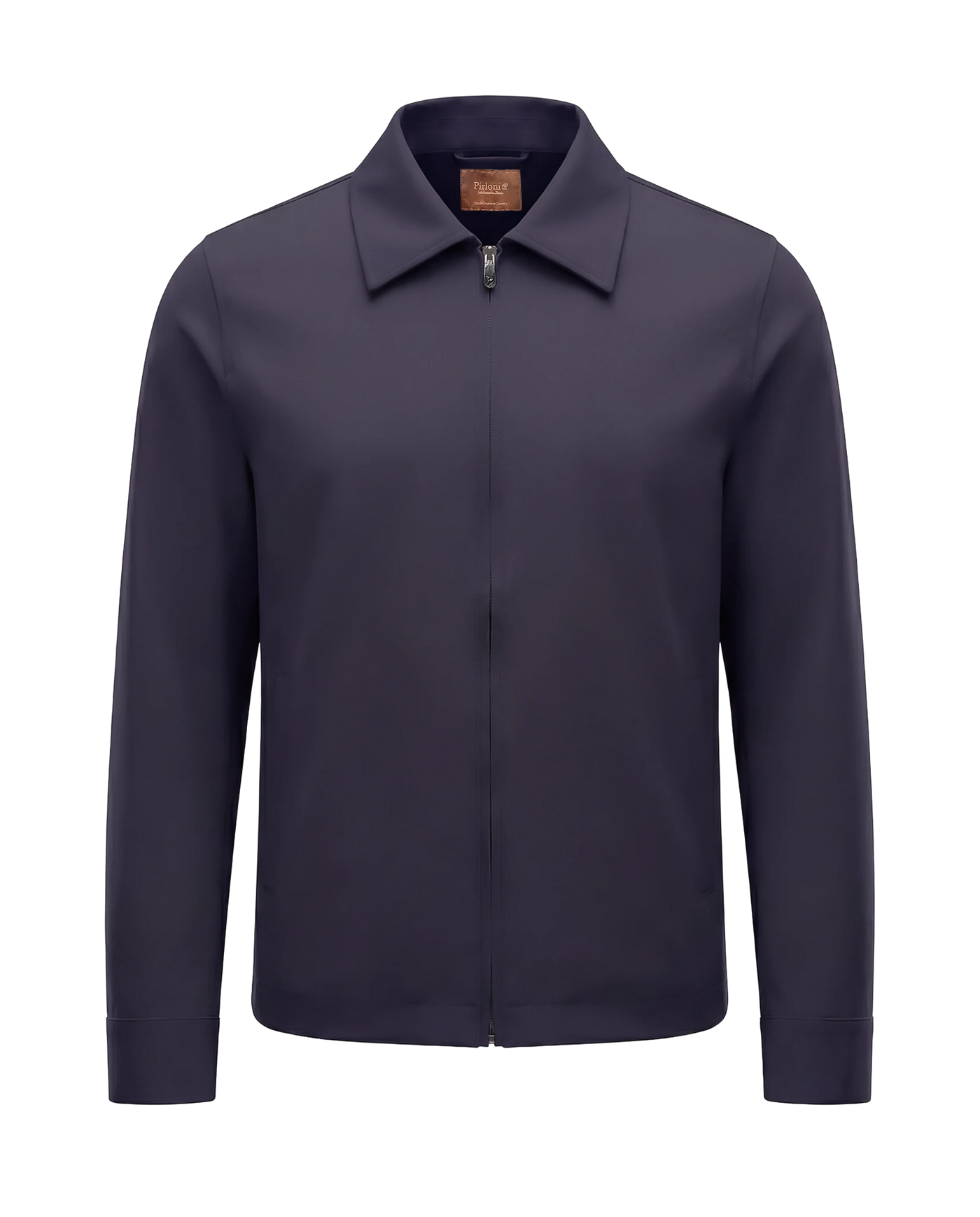 Navy tech jacket with modern techwear design, front view showing overall fit and style.
