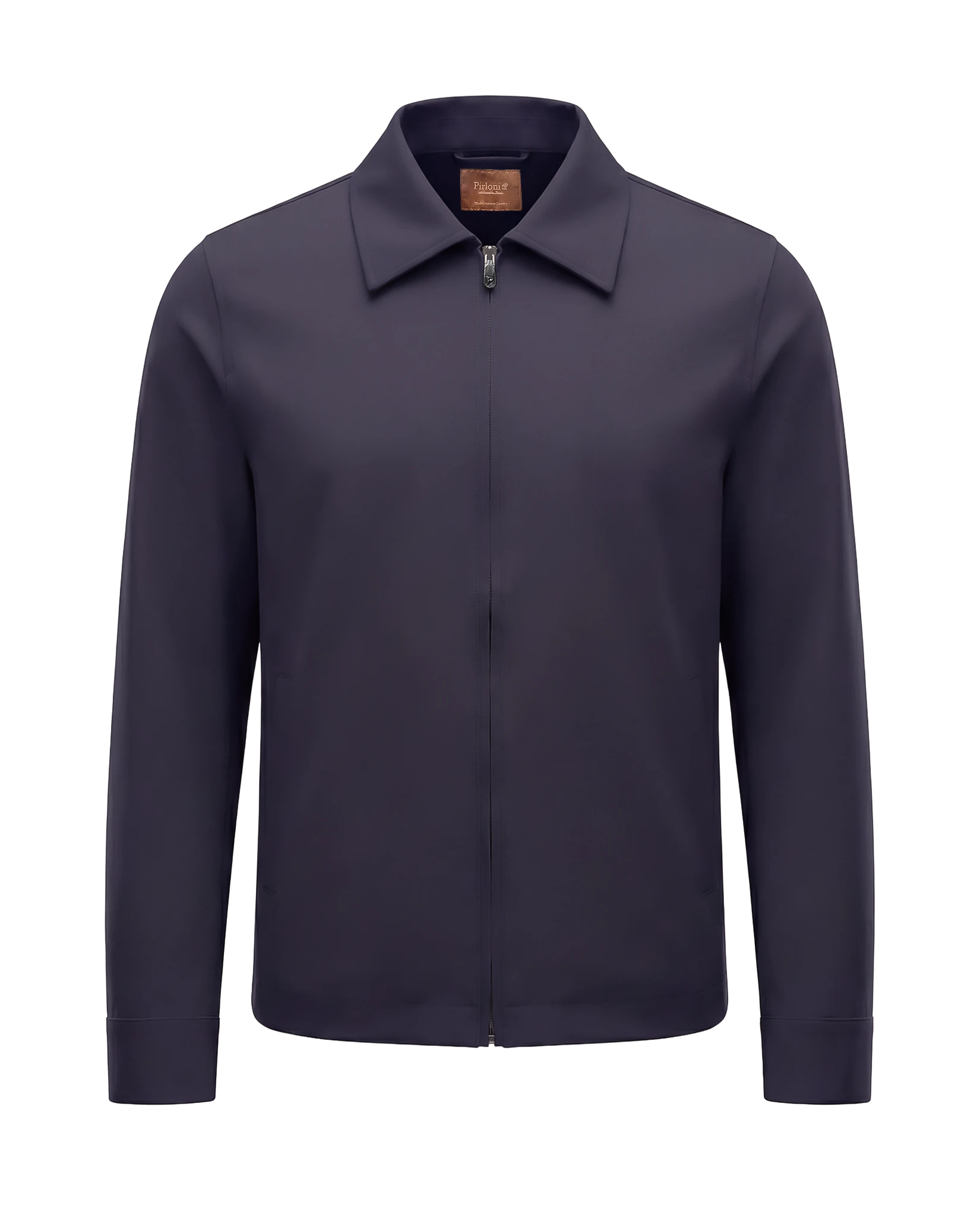 Navy tech jacket with modern techwear design, front view showing overall fit and style.
