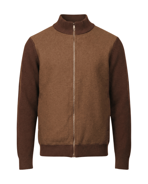 Brown zip-up sweatshirt on a black background