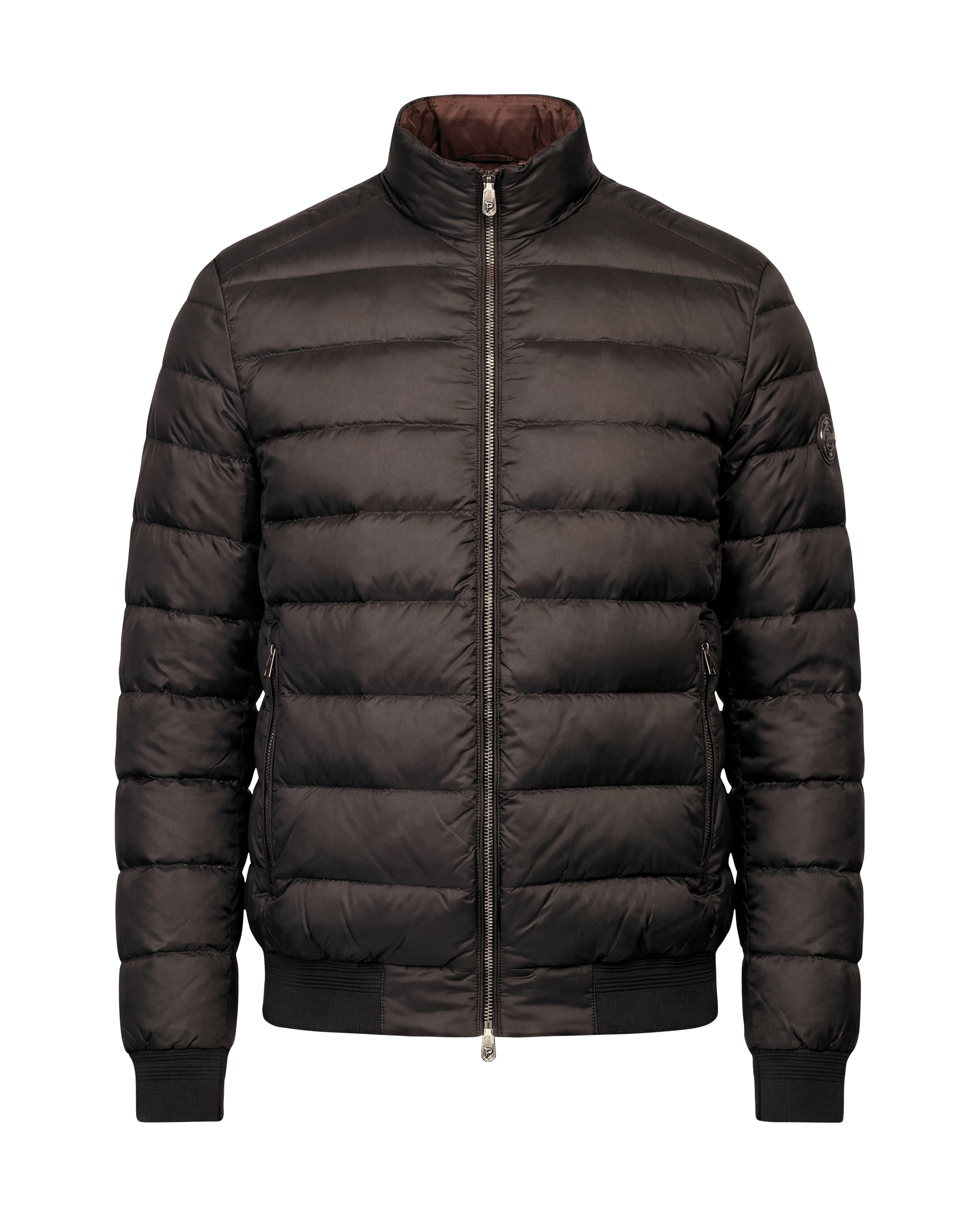 Dark gray puffer jacket on a black background