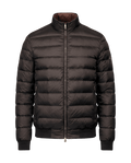 Dark gray puffer jacket on a black background