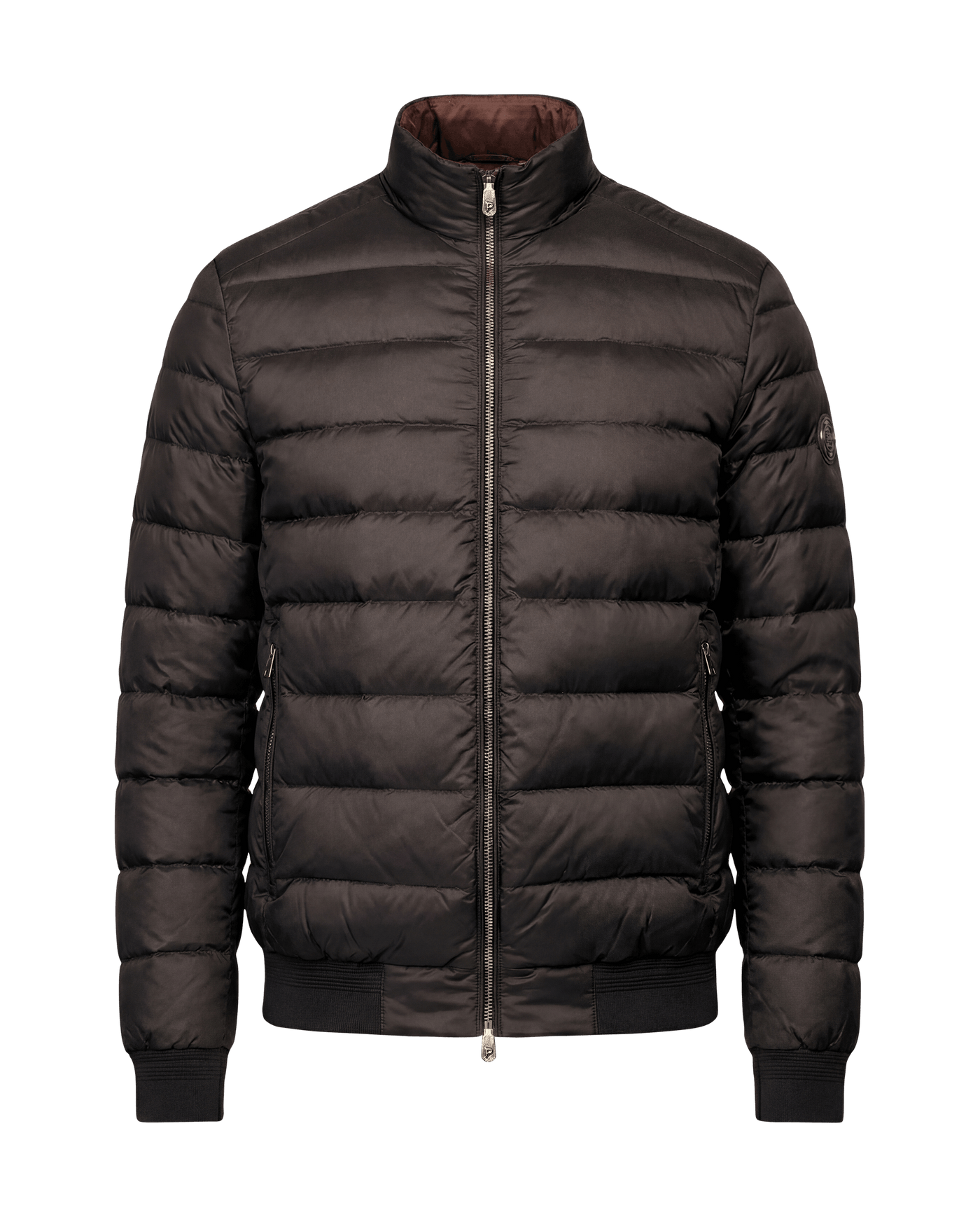 Dark gray puffer jacket on a black background