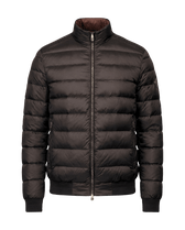 Dark gray puffer jacket on a black background