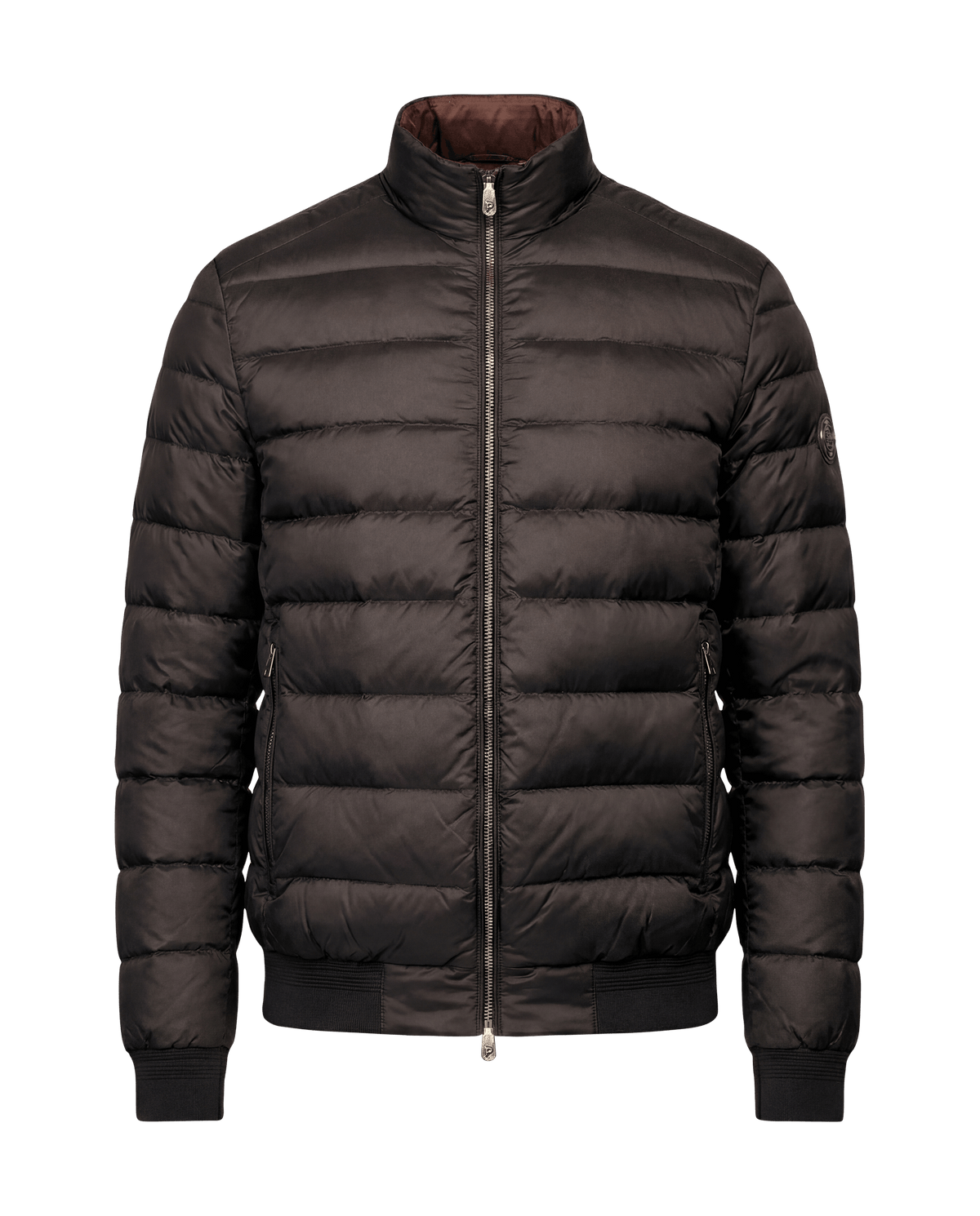 Dark gray puffer jacket on a black background