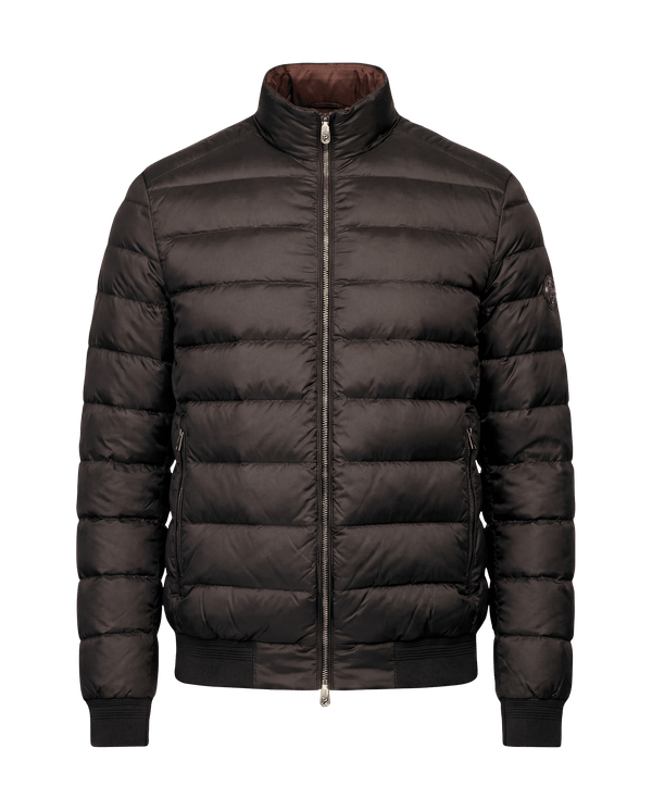 Dark gray puffer jacket on a black background