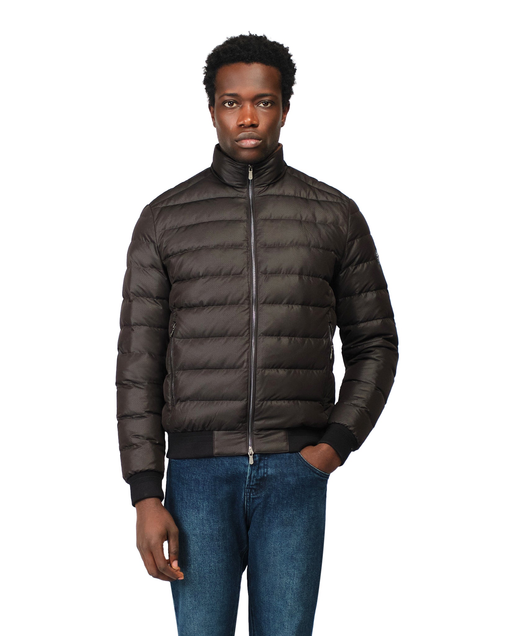 Man wearing a brown puffer jacket on a white background