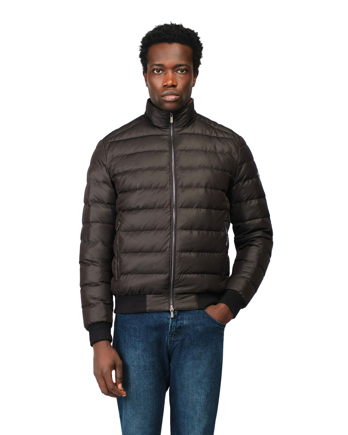 Man wearing a brown puffer jacket on a white background