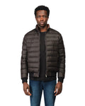 Man wearing a brown puffer jacket on a white background