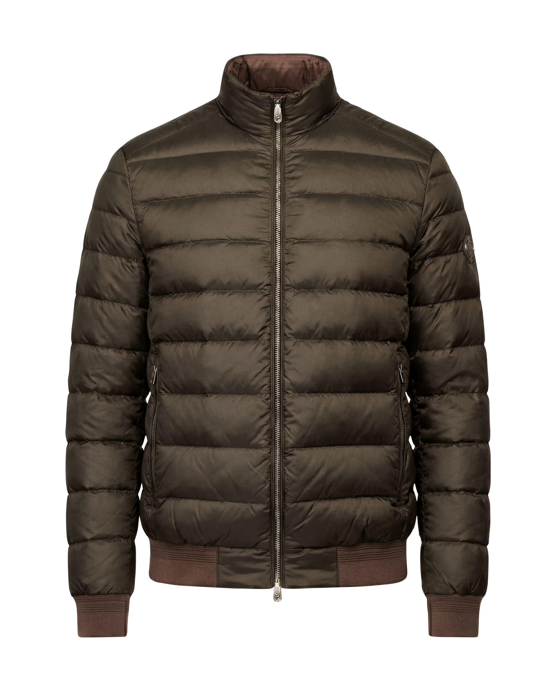 Green puffer jacket with brand logo on a black background