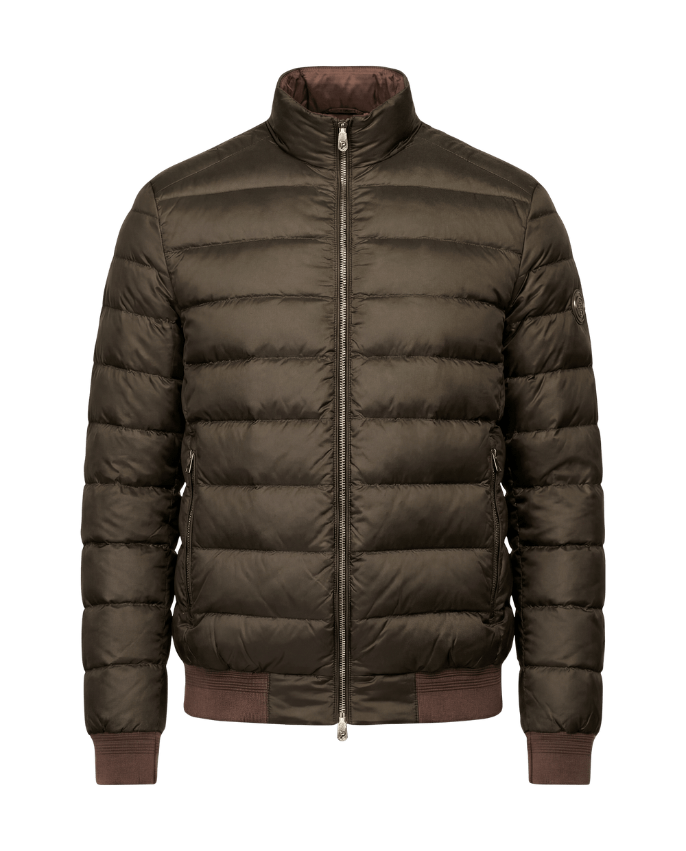 Green puffer jacket with brand logo on a black background