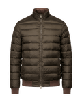 Green puffer jacket with brand logo on a black background
