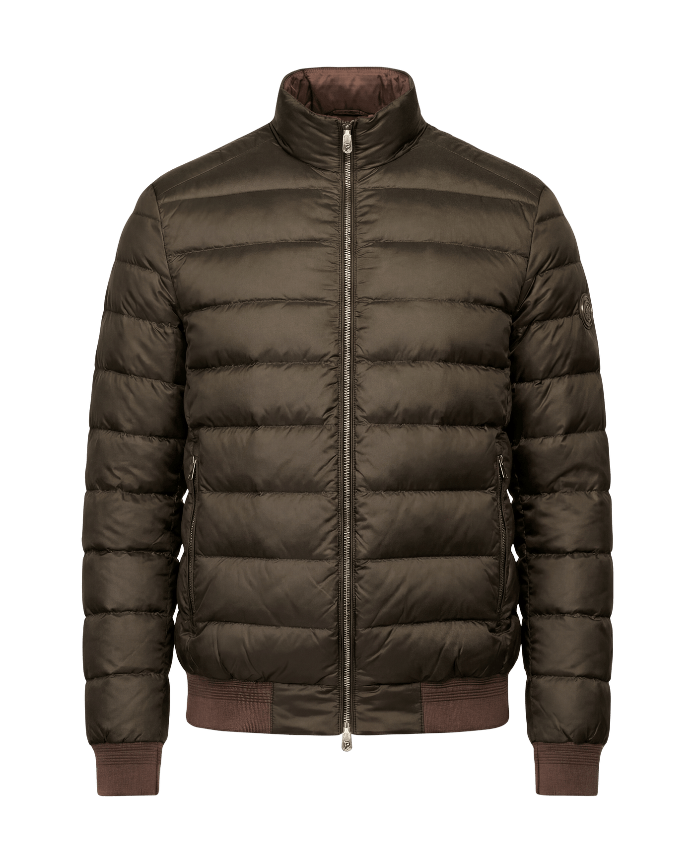 Green puffer jacket with brand logo on a black background