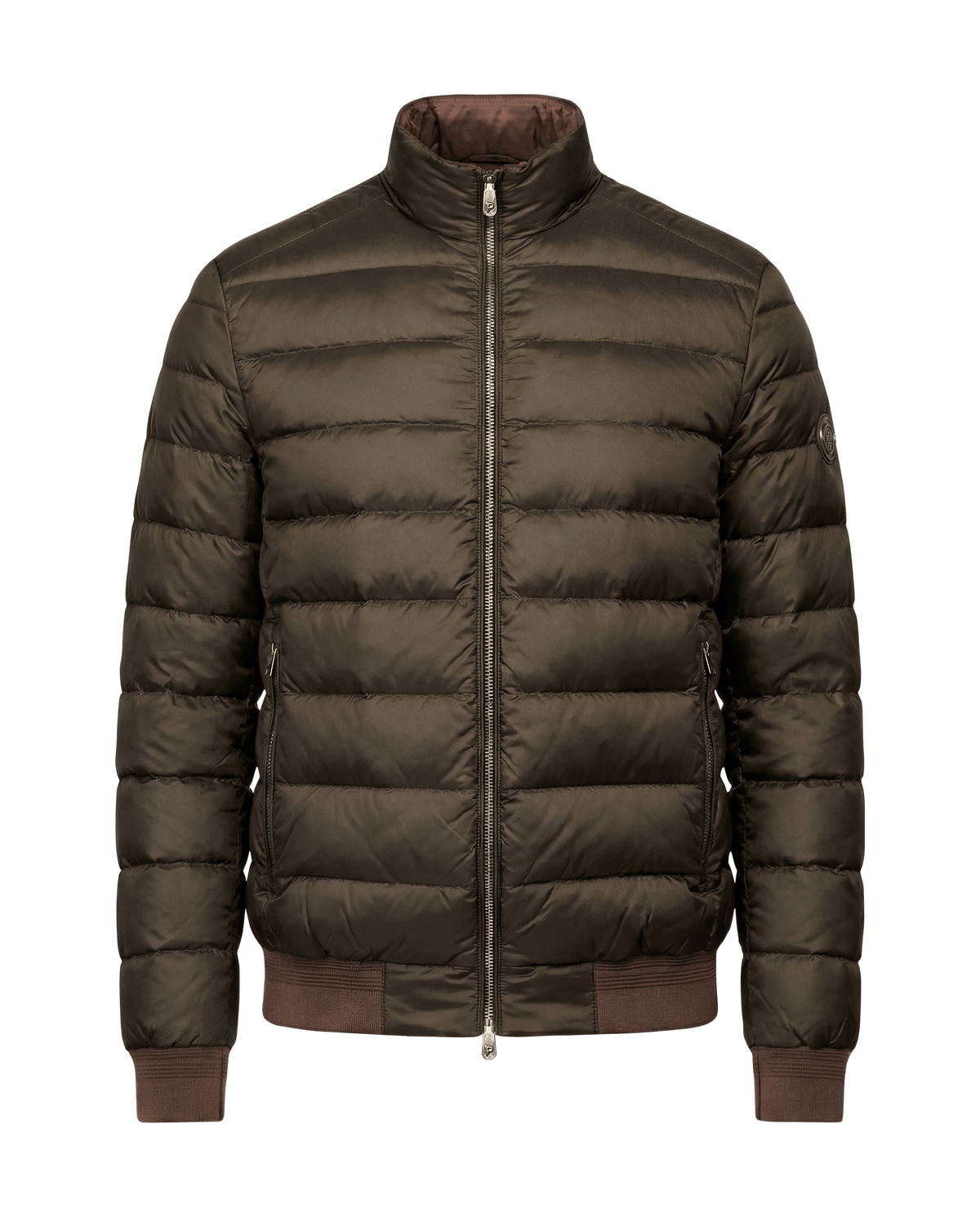 Green puffer jacket with brand logo on a black background
