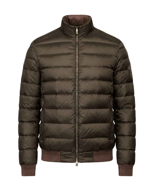 Green puffer jacket with brand logo on a black background