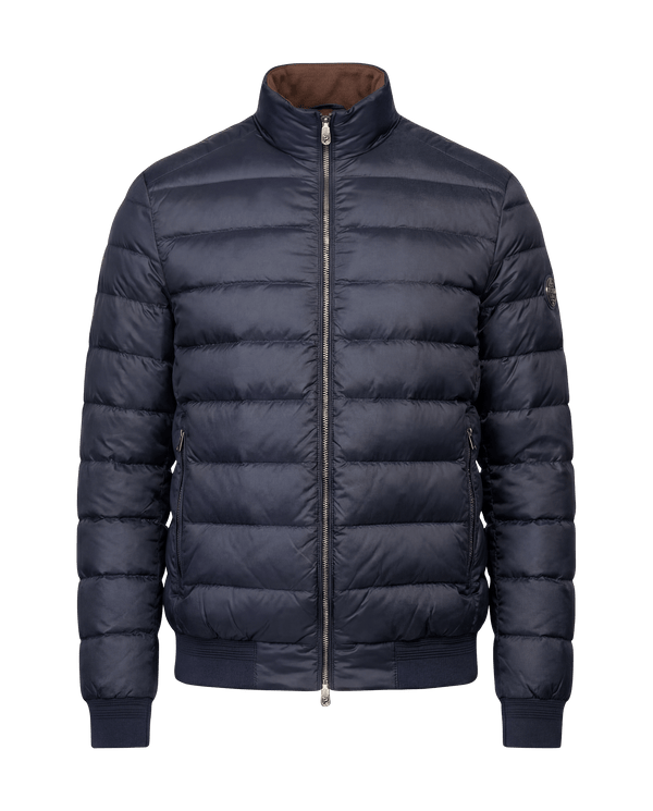 Blue puffer jacket on a black background