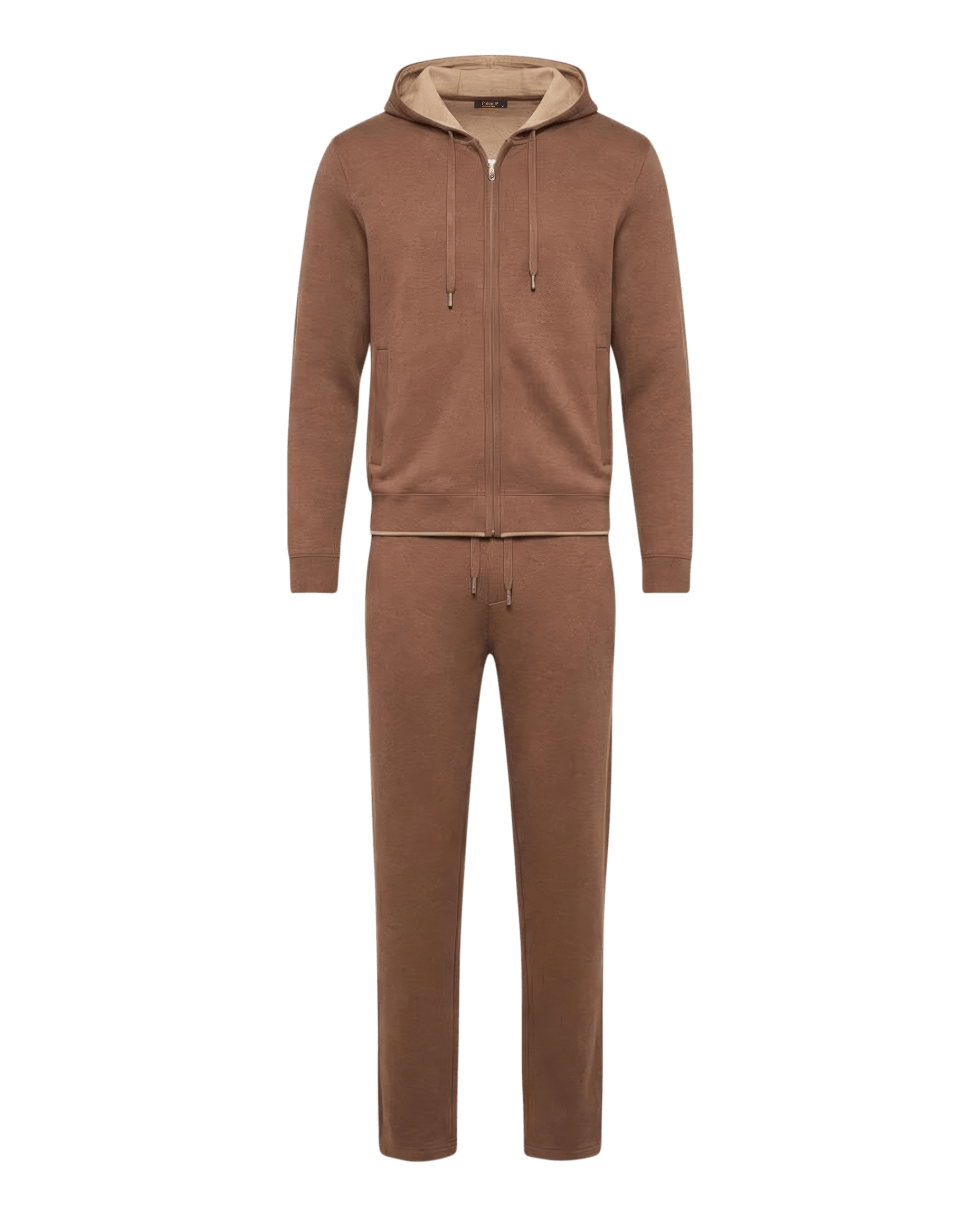 Tweekleurig gebreid trainingspak in bruin en beige. 