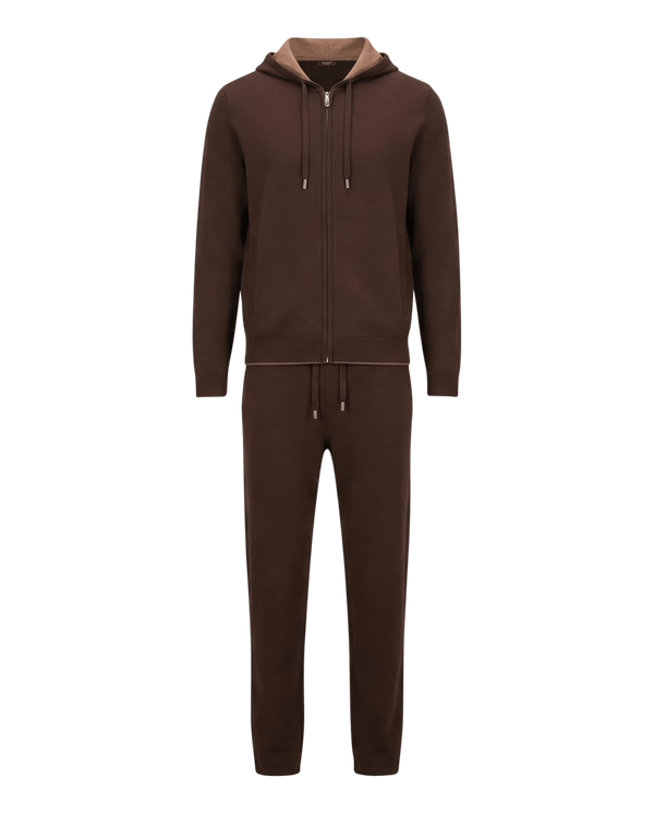 Brown tracksuit with a hood on a black background
