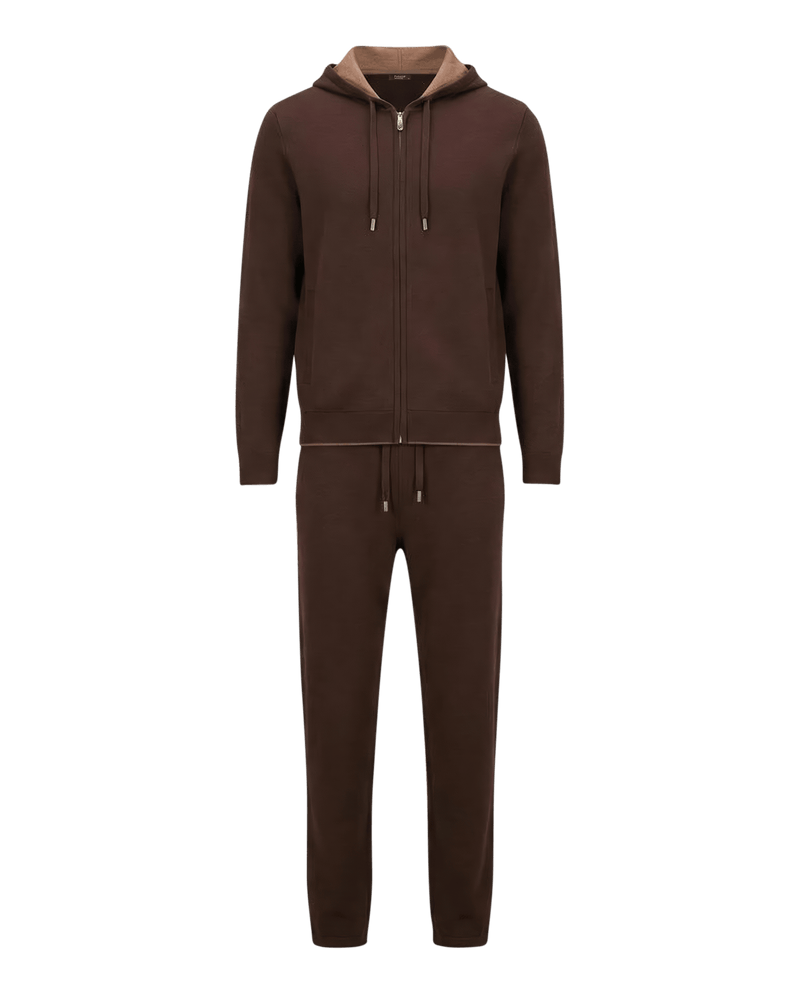 Brown tracksuit with a hood on a black background
