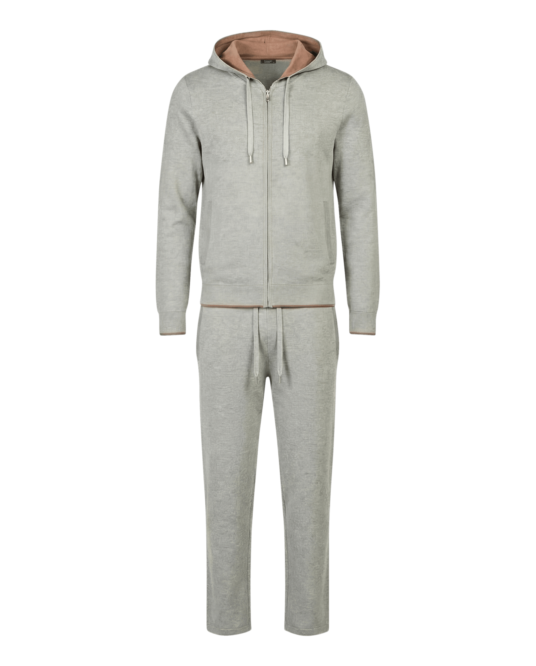 Gray tracksuit with a pink hood on a white background