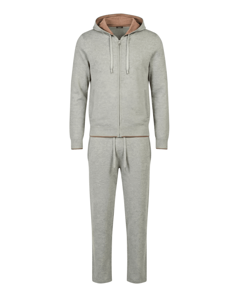 Gray tracksuit with a pink hood on a white background