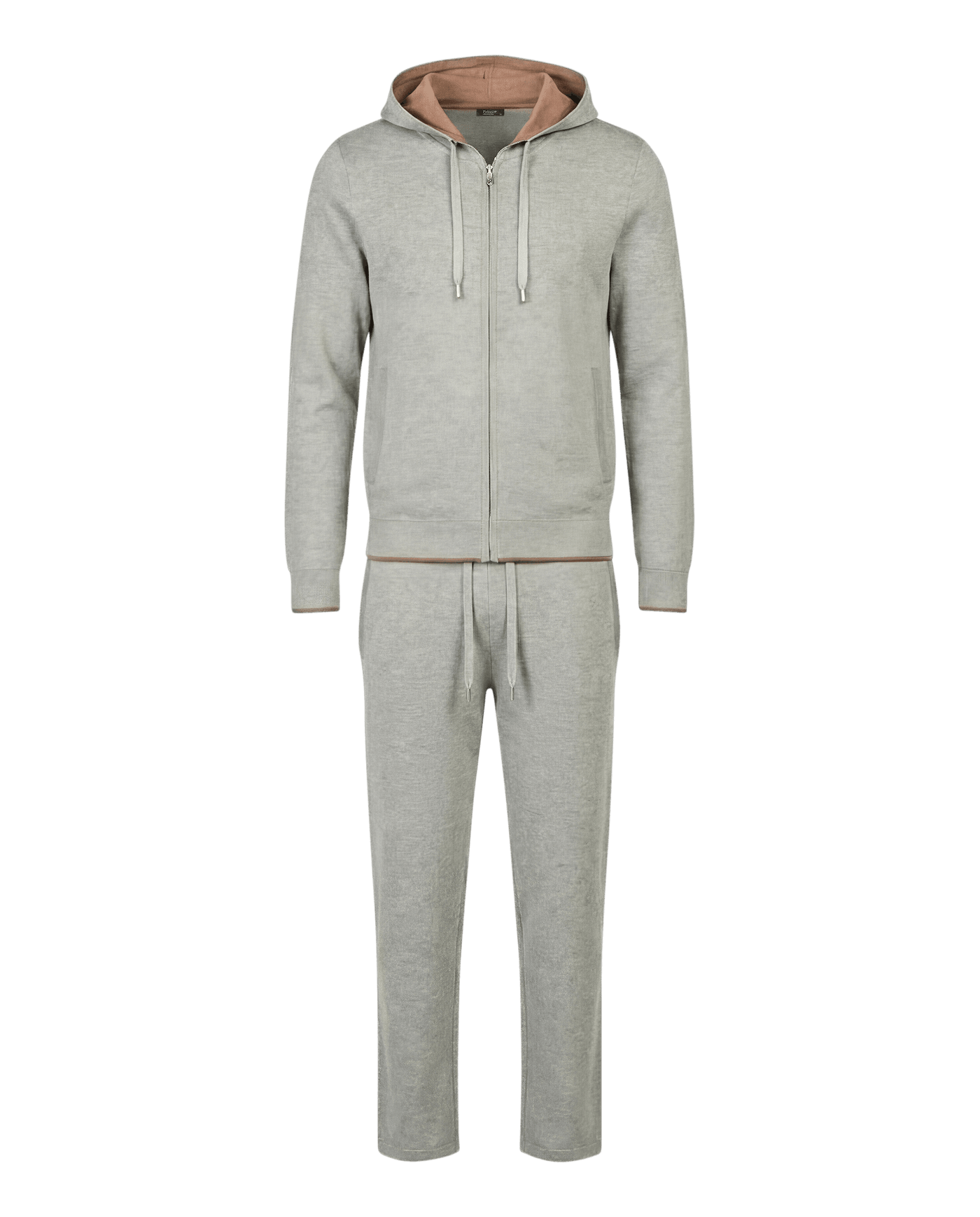 Gray tracksuit with a pink hood on a white background