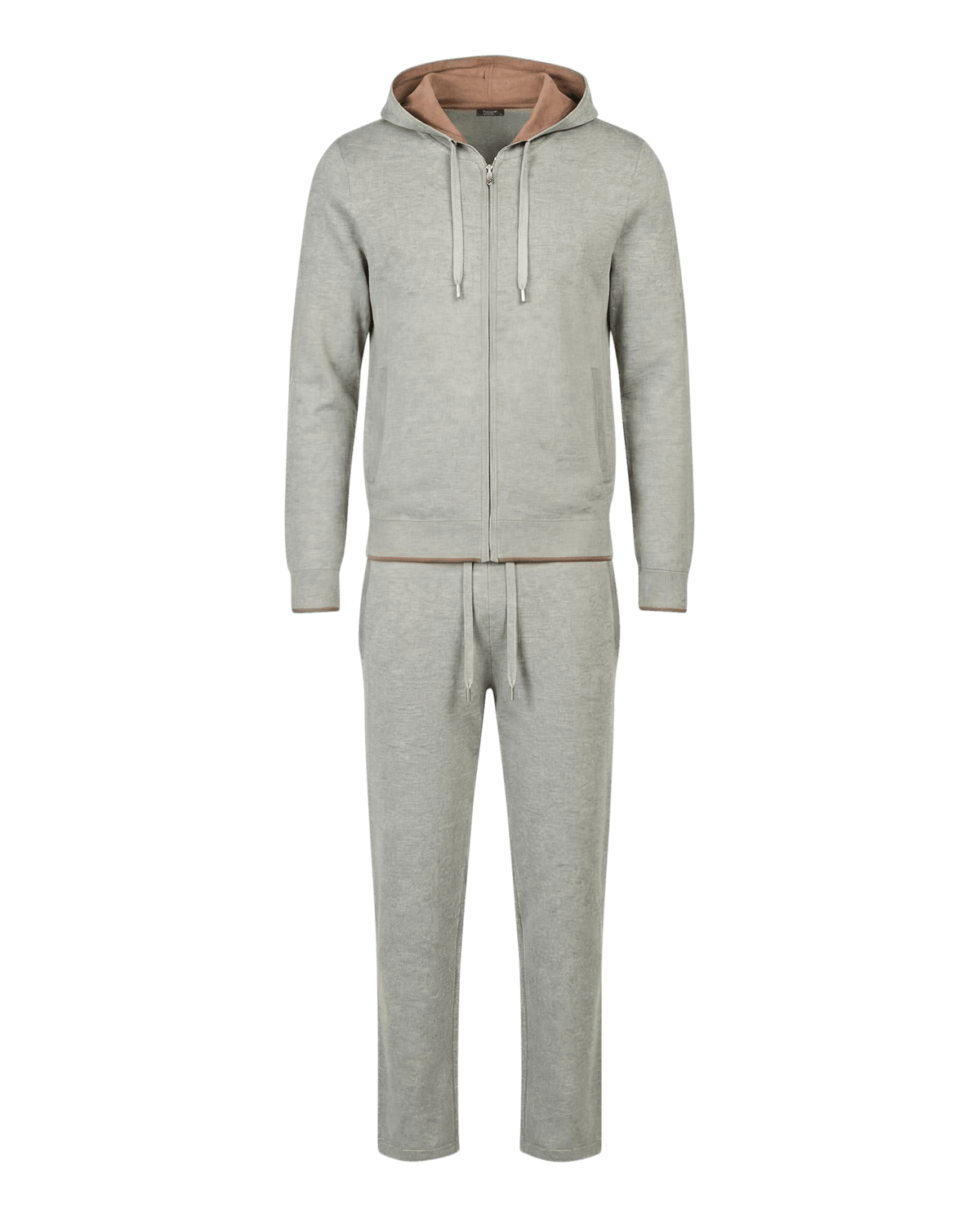 Gray tracksuit with a pink hood on a white background