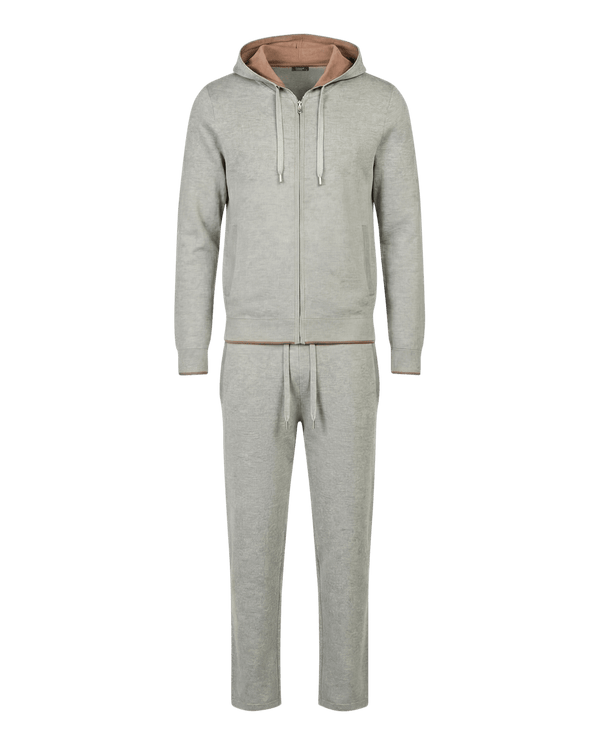 Gray tracksuit with a pink hood on a white background