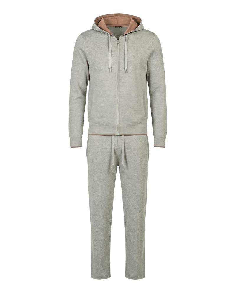 Gray tracksuit with a pink hood on a white background