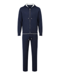 Navy blue onesie with a zipper on a white background