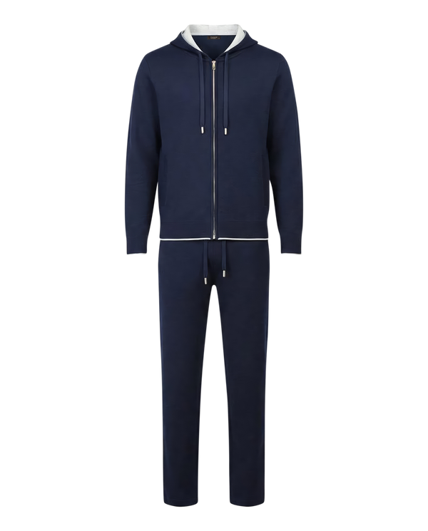 Navy blue onesie with a zipper on a white background