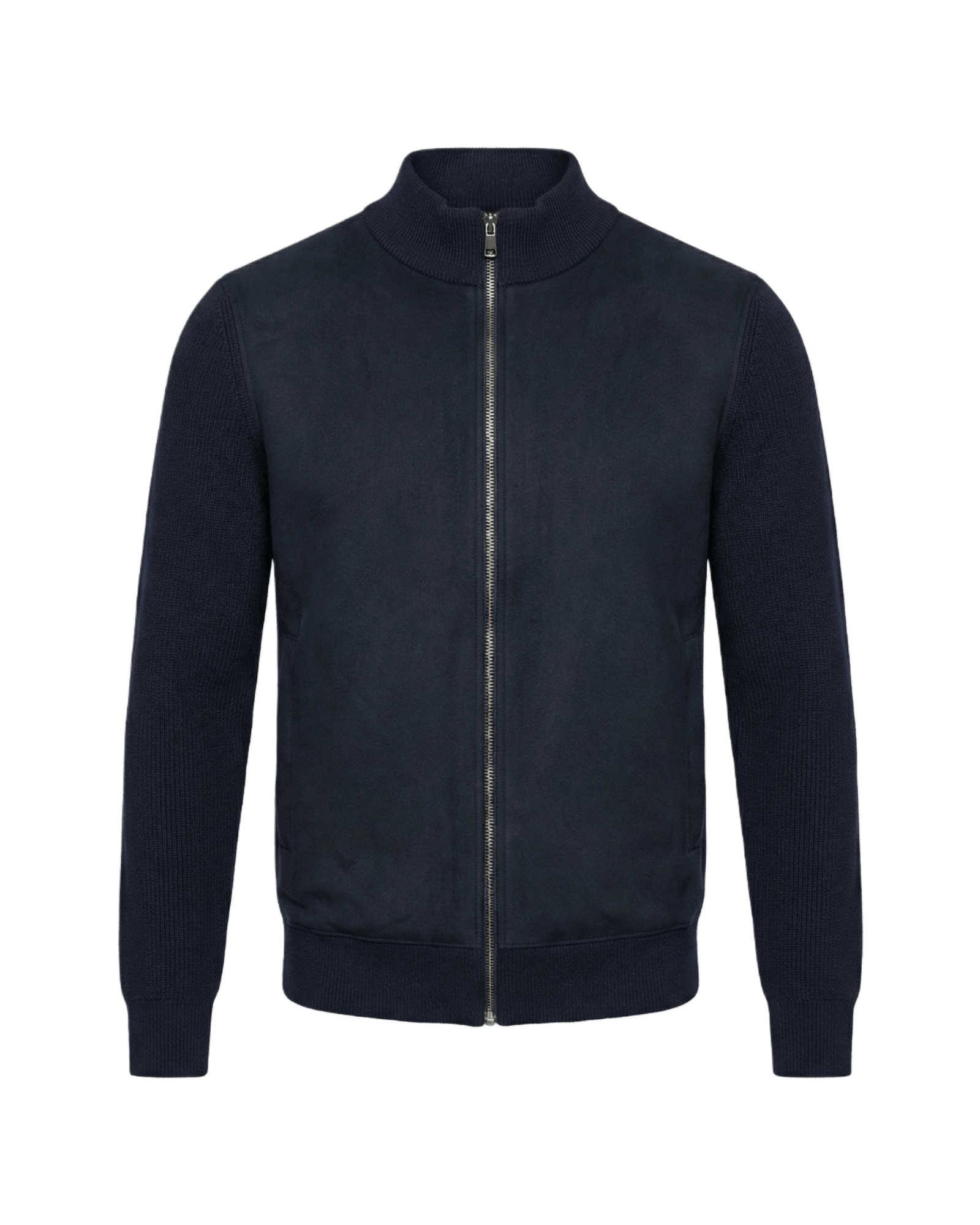 Navy blue jacket with a zipper on a black background