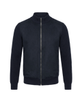 Navy blue jacket with a zipper on a black background