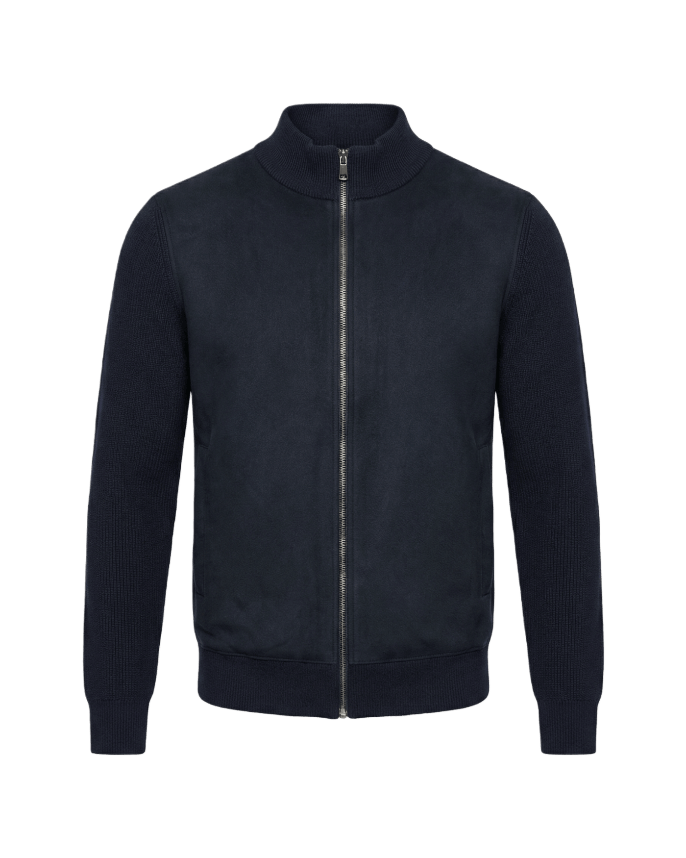 Navy blue jacket with a zipper on a black background