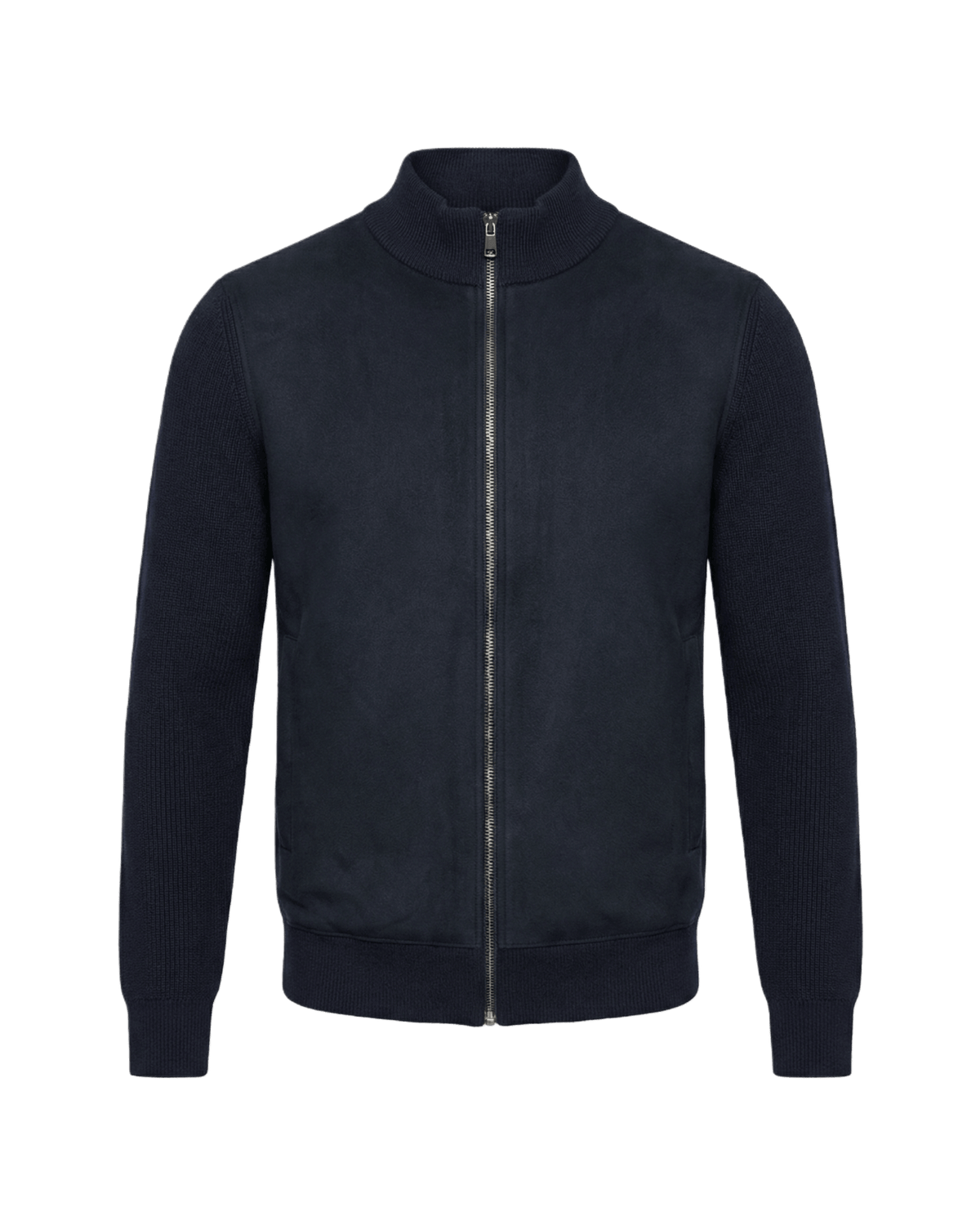 Navy blue jacket with a zipper on a black background