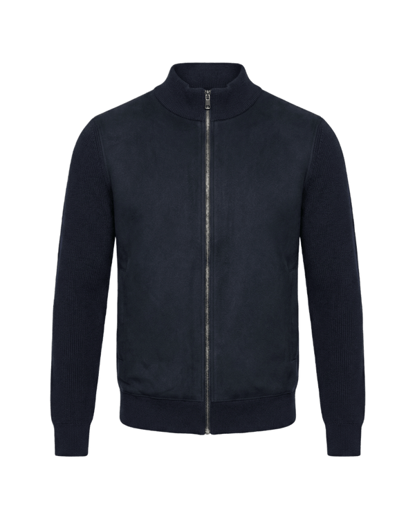 Navy blue jacket with a zipper on a black background