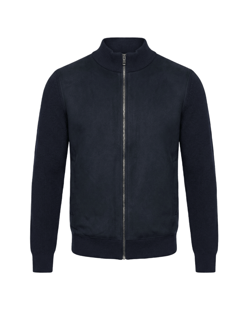 Navy blue jacket with a zipper on a black background